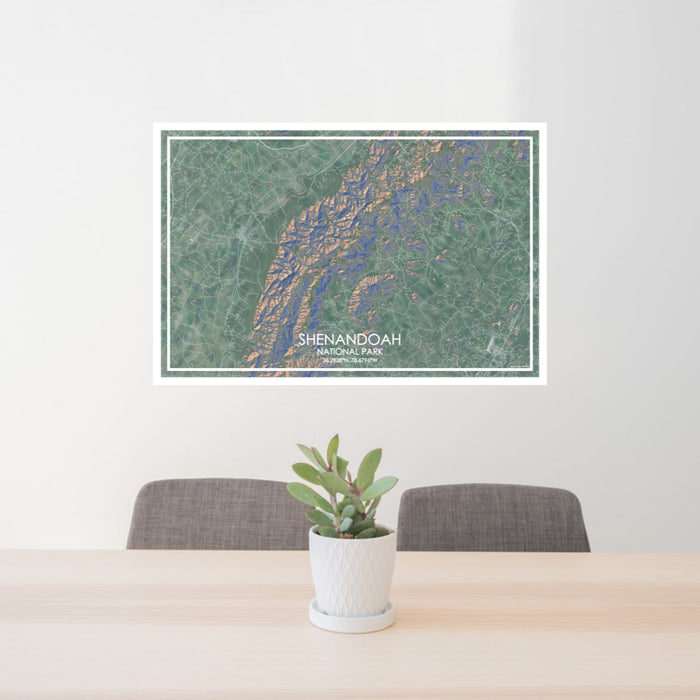 24x36 Shenandoah National Park Map Print Lanscape Orientation in Afternoon Style Behind 2 Chairs Table and Potted Plant