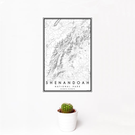 12x18 Shenandoah National Park Map Print Portrait Orientation in Classic Style With Small Cactus Plant in White Planter