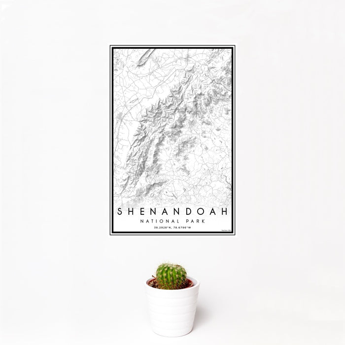 12x18 Shenandoah National Park Map Print Portrait Orientation in Classic Style With Small Cactus Plant in White Planter