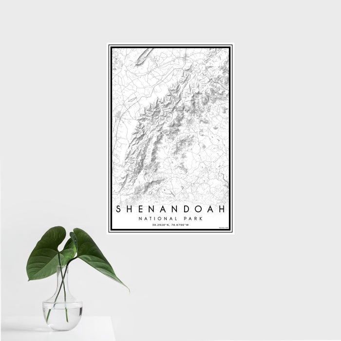 16x24 Shenandoah National Park Map Print Portrait Orientation in Classic Style With Tropical Plant Leaves in Water