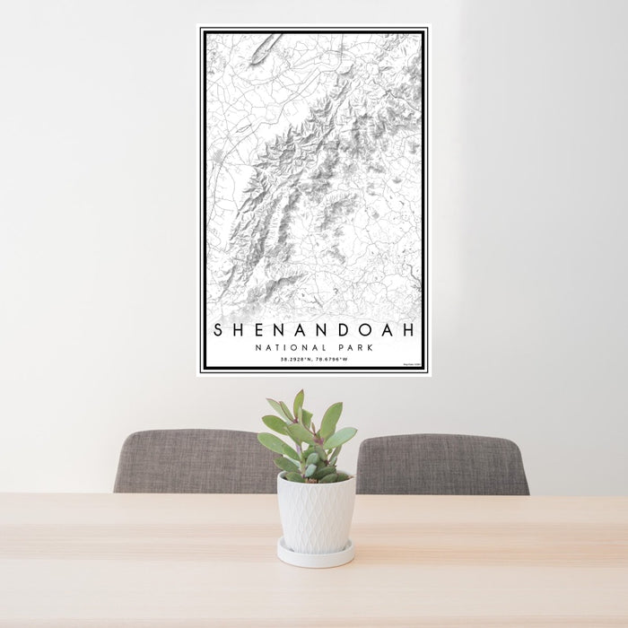 24x36 Shenandoah National Park Map Print Portrait Orientation in Classic Style Behind 2 Chairs Table and Potted Plant