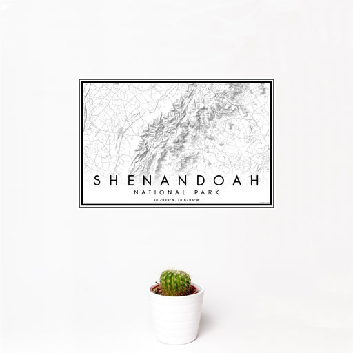 12x18 Shenandoah National Park Map Print Landscape Orientation in Classic Style With Small Cactus Plant in White Planter