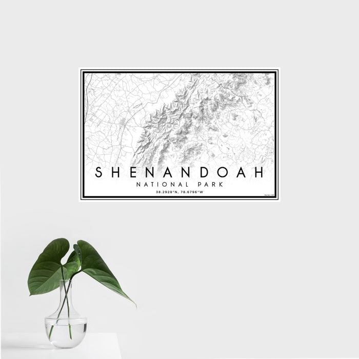 16x24 Shenandoah National Park Map Print Landscape Orientation in Classic Style With Tropical Plant Leaves in Water