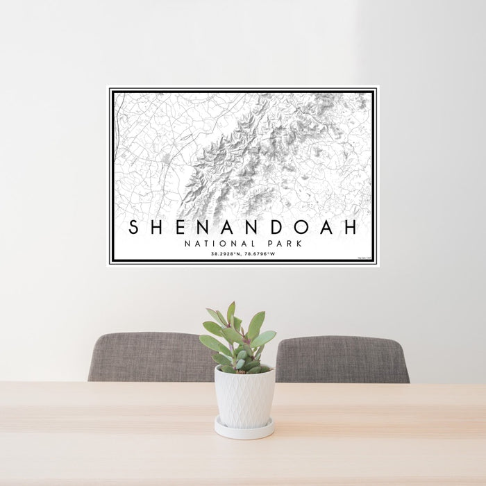 24x36 Shenandoah National Park Map Print Landscape Orientation in Classic Style Behind 2 Chairs Table and Potted Plant