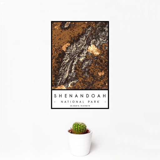 12x18 Shenandoah National Park Map Print Portrait Orientation in Ember Style With Small Cactus Plant in White Planter