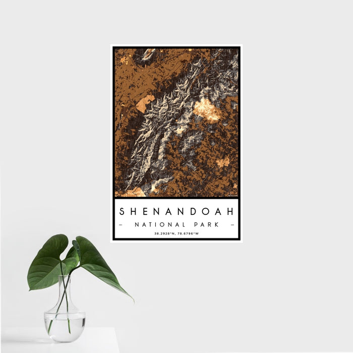 16x24 Shenandoah National Park Map Print Portrait Orientation in Ember Style With Tropical Plant Leaves in Water