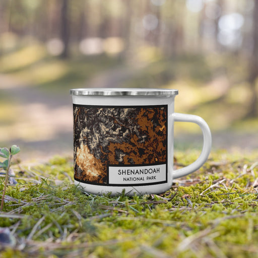 Right View Custom Shenandoah National Park Map Enamel Mug in Ember on Grass With Trees in Background