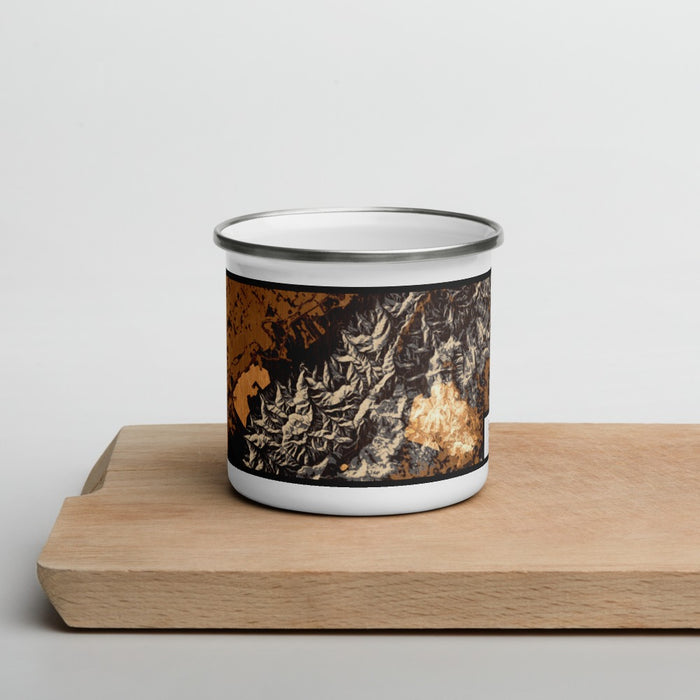 Front View Custom Shenandoah National Park Map Enamel Mug in Ember on Cutting Board