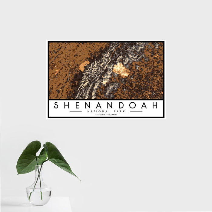 16x24 Shenandoah National Park Map Print Landscape Orientation in Ember Style With Tropical Plant Leaves in Water