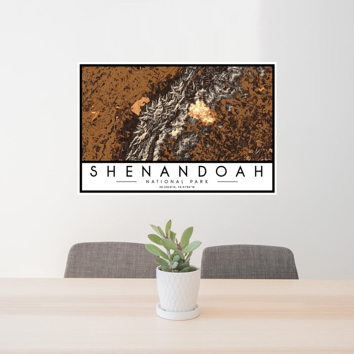 24x36 Shenandoah National Park Map Print Landscape Orientation in Ember Style Behind 2 Chairs Table and Potted Plant