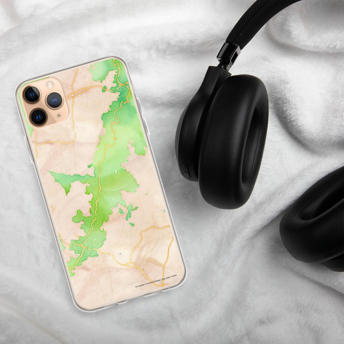 Custom Shenandoah National Park Map Phone Case in Watercolor on Table with Black Headphones
