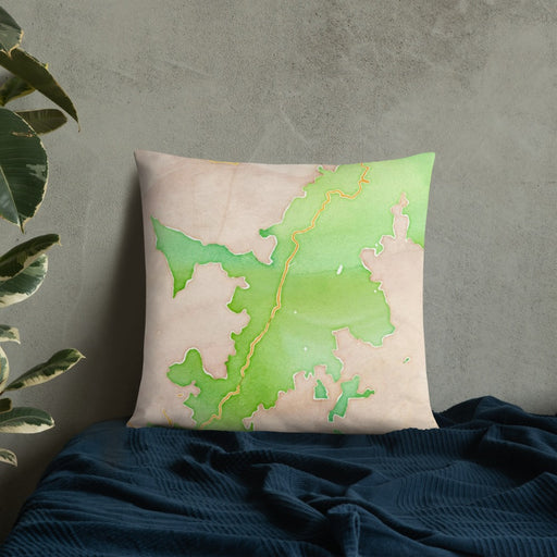 Custom Shenandoah National Park Map Throw Pillow in Watercolor on Bedding Against Wall