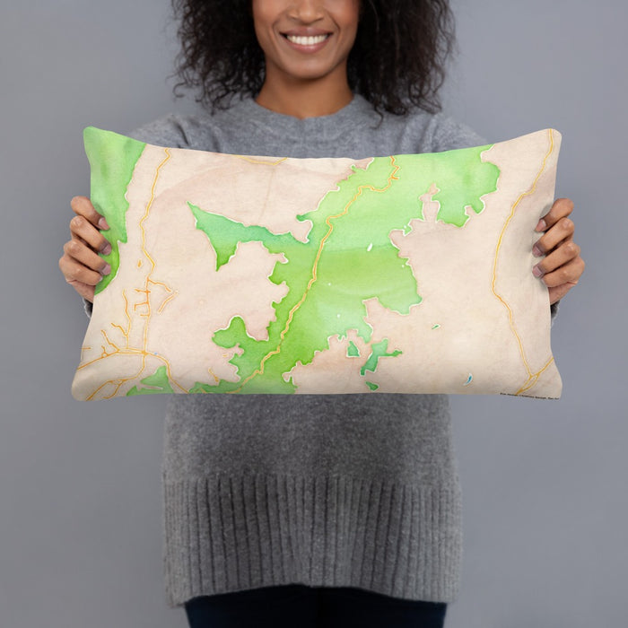 Person holding 20x12 Custom Shenandoah National Park Map Throw Pillow in Watercolor