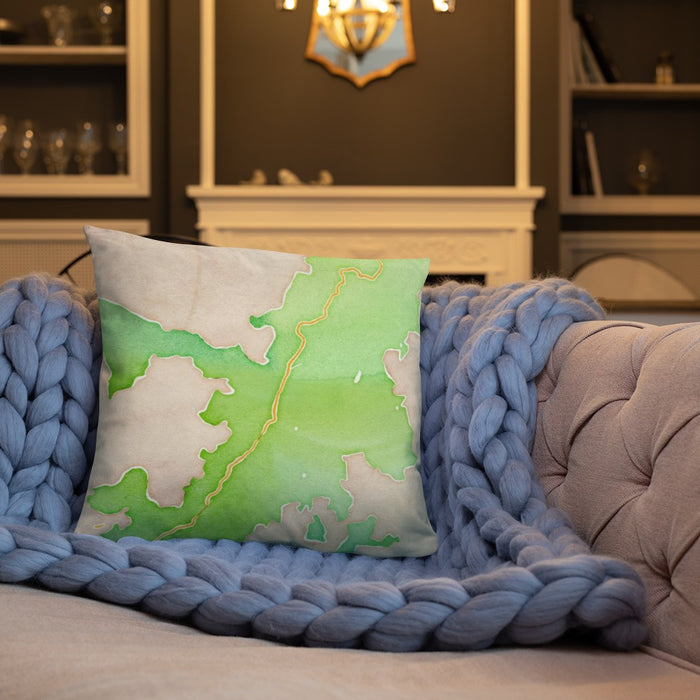 Custom Shenandoah National Park Map Throw Pillow in Watercolor on Cream Colored Couch