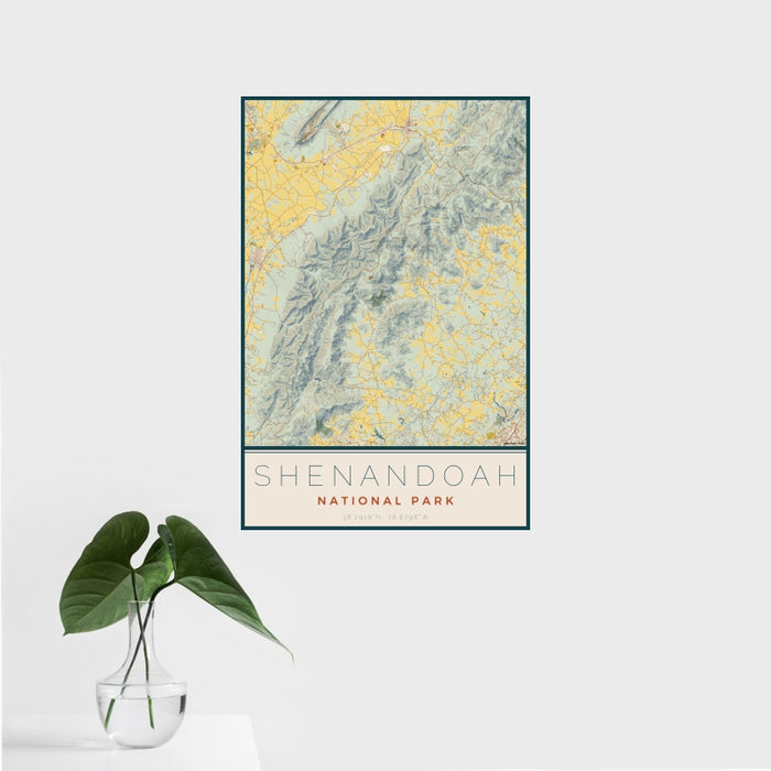 16x24 Shenandoah National Park Map Print Portrait Orientation in Woodblock Style With Tropical Plant Leaves in Water