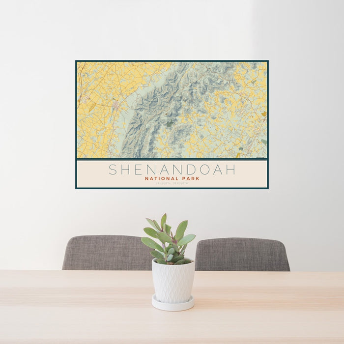 24x36 Shenandoah National Park Map Print Landscape Orientation in Woodblock Style Behind 2 Chairs Table and Potted Plant