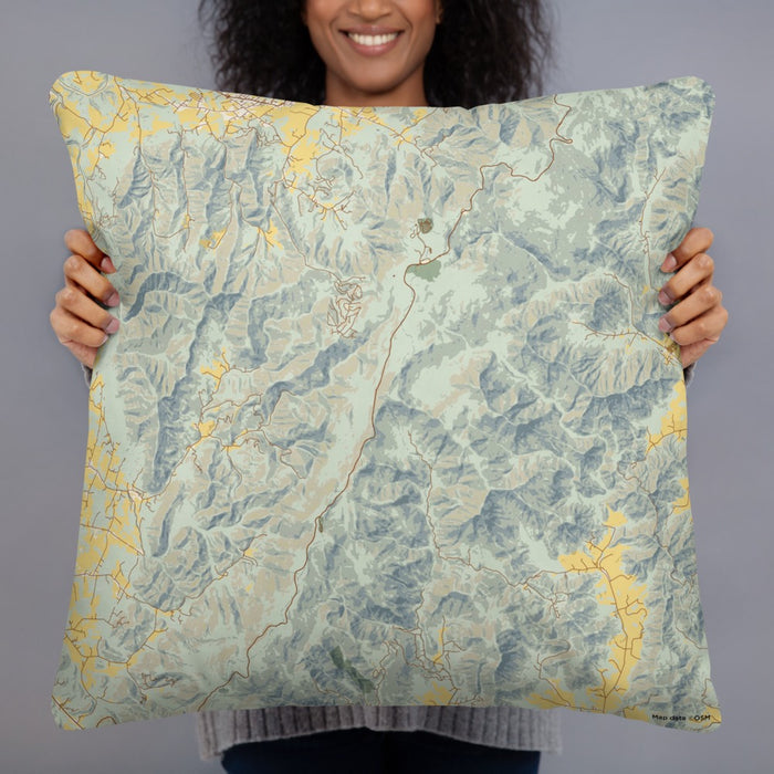 Person holding 22x22 Custom Shenandoah National Park Map Throw Pillow in Woodblock