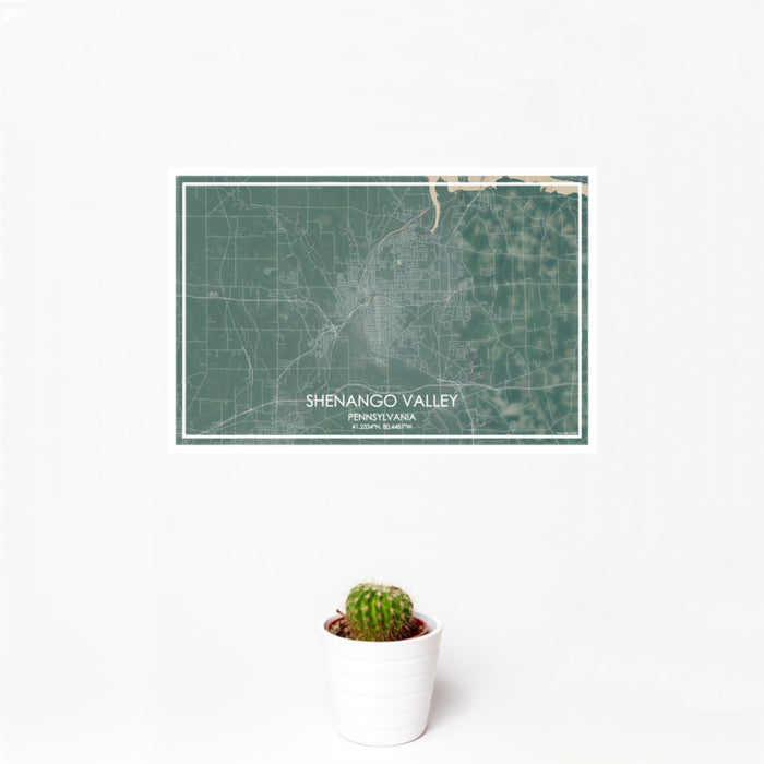 12x18 shenango valley Pennsylvania Map Print Landscape Orientation in Afternoon Style With Small Cactus Plant in White Planter