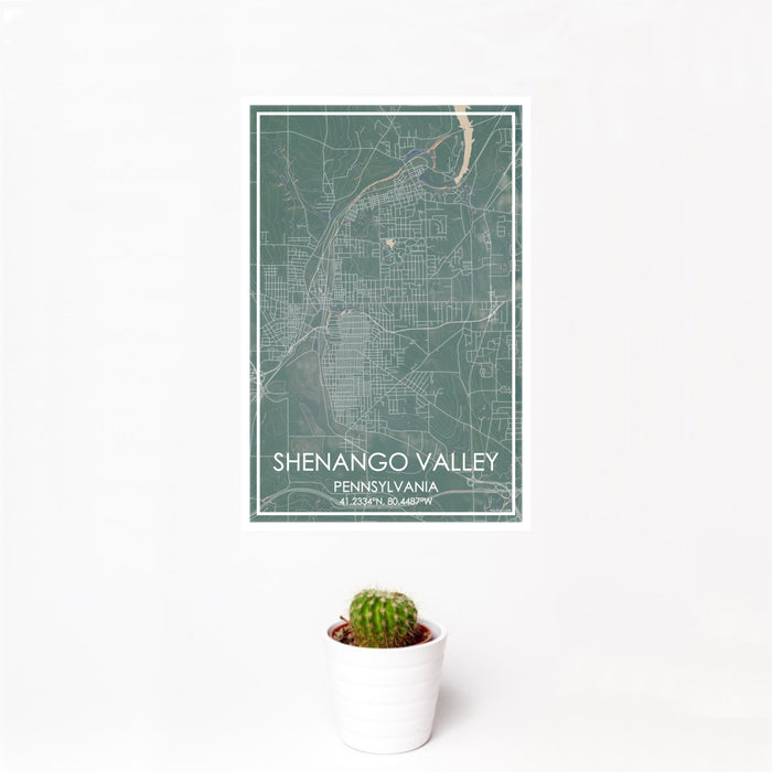 12x18 shenango valley Pennsylvania Map Print Portrait Orientation in Afternoon Style With Small Cactus Plant in White Planter