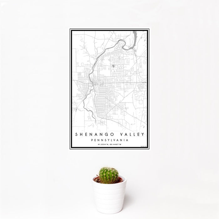 12x18 Shenango Valley Pennsylvania Map Print Portrait Orientation in Classic Style With Small Cactus Plant in White Planter