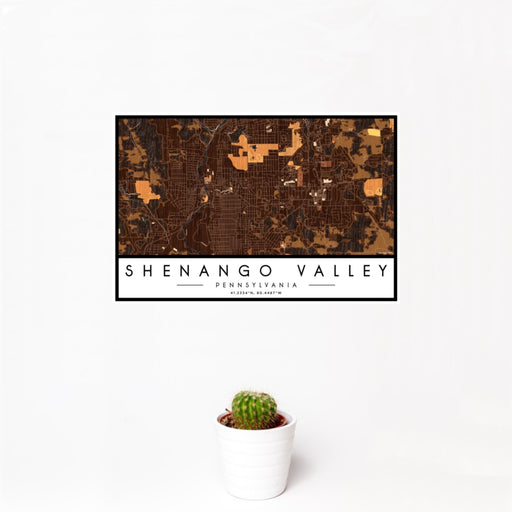 12x18 Shenango Valley Pennsylvania Map Print Landscape Orientation in Ember Style With Small Cactus Plant in White Planter