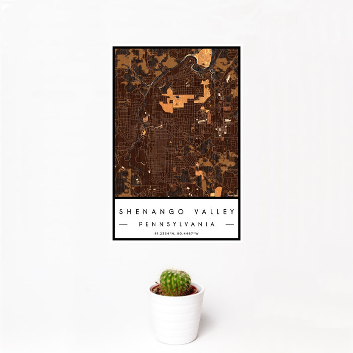 12x18 Shenango Valley Pennsylvania Map Print Portrait Orientation in Ember Style With Small Cactus Plant in White Planter