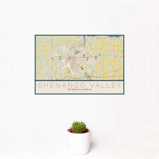 12x18 Shenango Valley Pennsylvania Map Print Landscape Orientation in Woodblock Style With Small Cactus Plant in White Planter