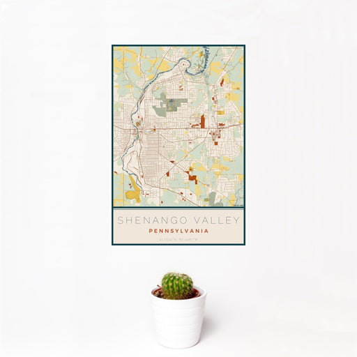12x18 Shenango Valley Pennsylvania Map Print Portrait Orientation in Woodblock Style With Small Cactus Plant in White Planter