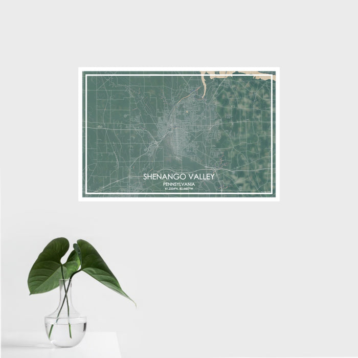 16x24 shenango valley Pennsylvania Map Print Landscape Orientation in Afternoon Style With Tropical Plant Leaves in Water