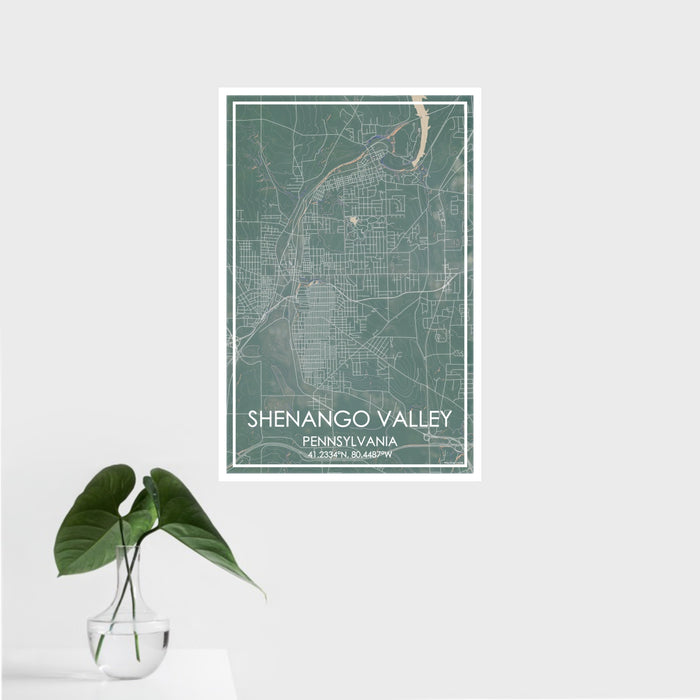 16x24 shenango valley Pennsylvania Map Print Portrait Orientation in Afternoon Style With Tropical Plant Leaves in Water