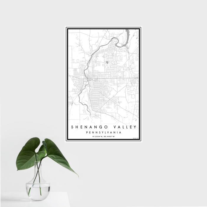 16x24 Shenango Valley Pennsylvania Map Print Portrait Orientation in Classic Style With Tropical Plant Leaves in Water