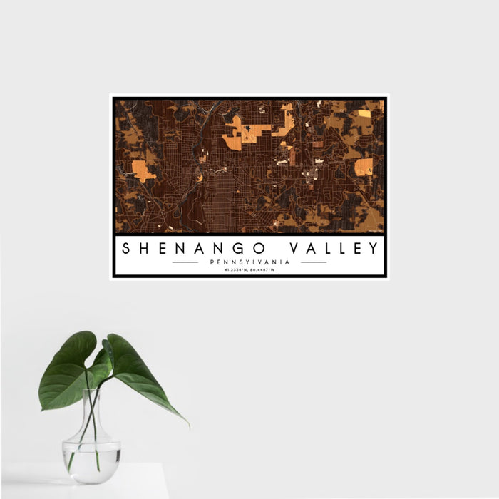16x24 Shenango Valley Pennsylvania Map Print Landscape Orientation in Ember Style With Tropical Plant Leaves in Water