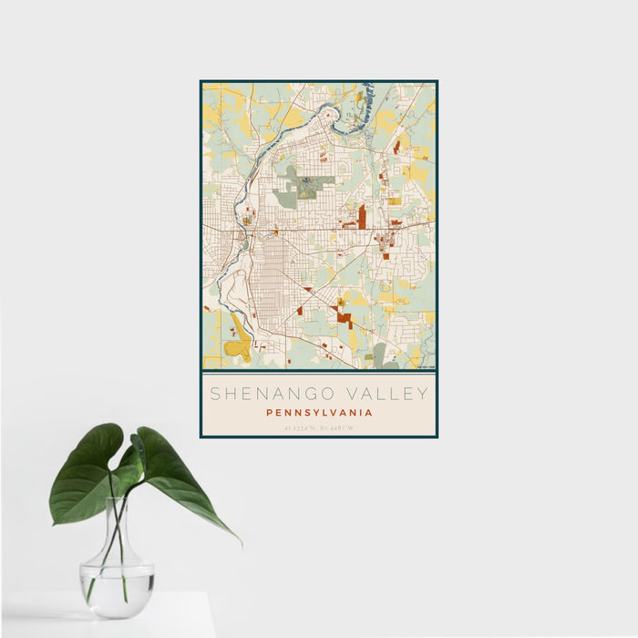 16x24 Shenango Valley Pennsylvania Map Print Portrait Orientation in Woodblock Style With Tropical Plant Leaves in Water