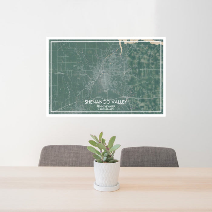 24x36 shenango valley Pennsylvania Map Print Lanscape Orientation in Afternoon Style Behind 2 Chairs Table and Potted Plant