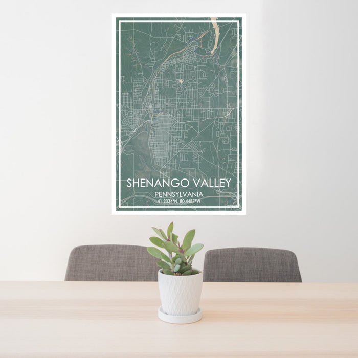 24x36 shenango valley Pennsylvania Map Print Portrait Orientation in Afternoon Style Behind 2 Chairs Table and Potted Plant