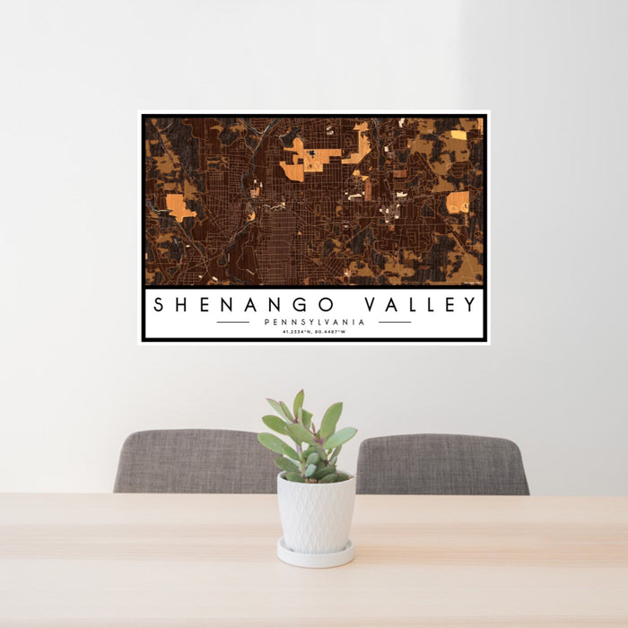 24x36 Shenango Valley Pennsylvania Map Print Lanscape Orientation in Ember Style Behind 2 Chairs Table and Potted Plant