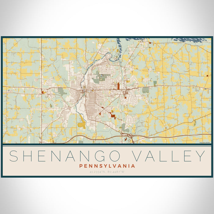 Shenango Valley Pennsylvania Map Print Landscape Orientation in Woodblock Style With Shaded Background