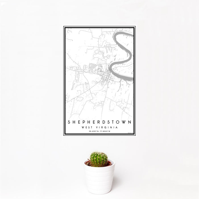 12x18 Shepherdstown West Virginia Map Print Portrait Orientation in Classic Style With Small Cactus Plant in White Planter