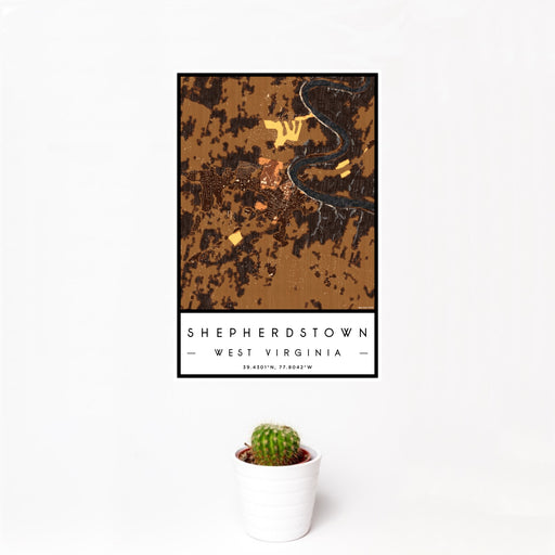 12x18 Shepherdstown West Virginia Map Print Portrait Orientation in Ember Style With Small Cactus Plant in White Planter