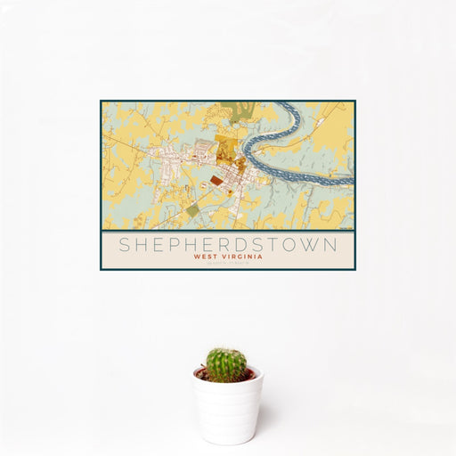 12x18 Shepherdstown West Virginia Map Print Landscape Orientation in Woodblock Style With Small Cactus Plant in White Planter