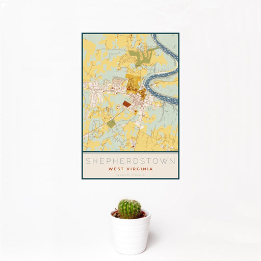 12x18 Shepherdstown West Virginia Map Print Portrait Orientation in Woodblock Style With Small Cactus Plant in White Planter