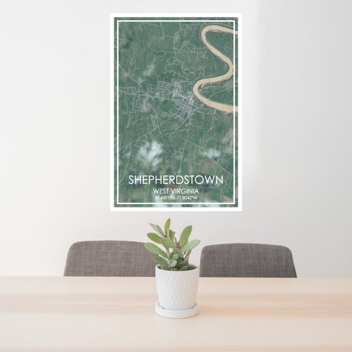 24x36 Shepherdstown West Virginia Map Print Portrait Orientation in Afternoon Style Behind 2 Chairs Table and Potted Plant