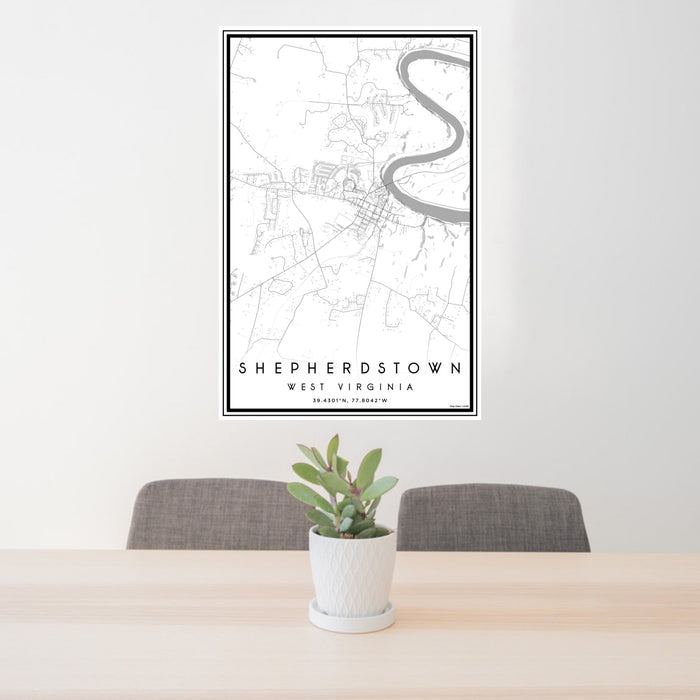 24x36 Shepherdstown West Virginia Map Print Portrait Orientation in Classic Style Behind 2 Chairs Table and Potted Plant