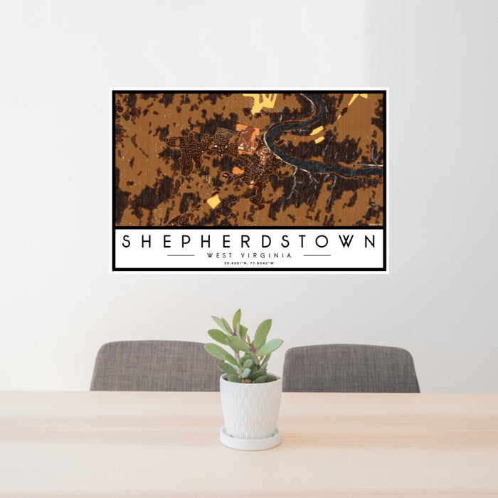 24x36 Shepherdstown West Virginia Map Print Lanscape Orientation in Ember Style Behind 2 Chairs Table and Potted Plant