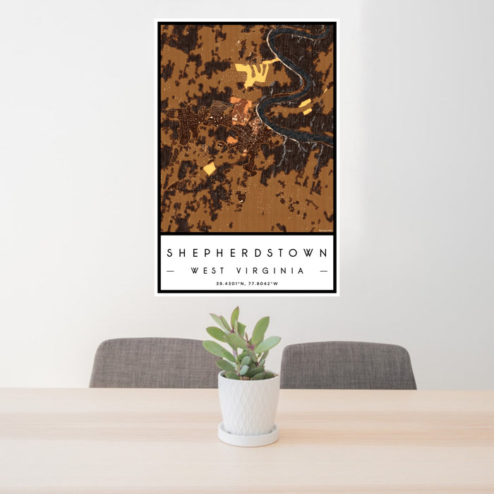 24x36 Shepherdstown West Virginia Map Print Portrait Orientation in Ember Style Behind 2 Chairs Table and Potted Plant