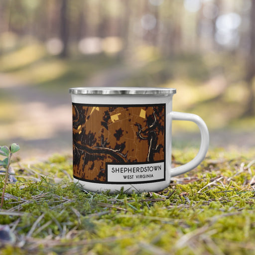 Right View Custom Shepherdstown West Virginia Map Enamel Mug in Ember on Grass With Trees in Background