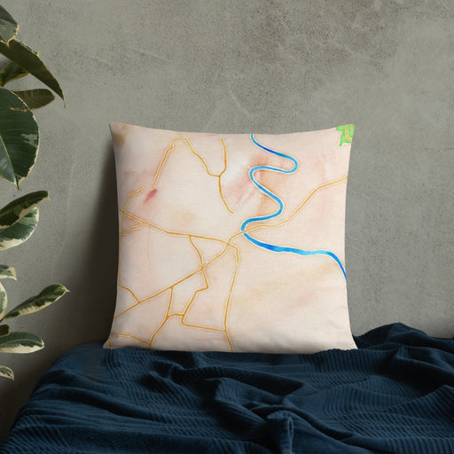 Custom Shepherdstown West Virginia Map Throw Pillow in Watercolor on Bedding Against Wall