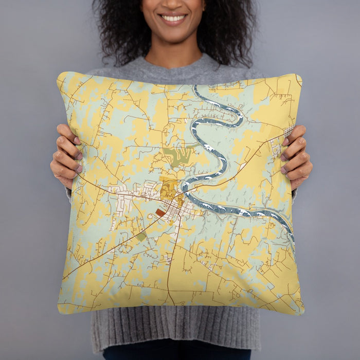 Person holding 18x18 Custom Shepherdstown West Virginia Map Throw Pillow in Woodblock