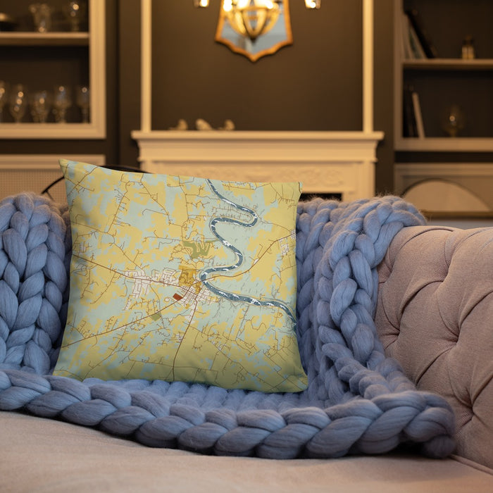 Custom Shepherdstown West Virginia Map Throw Pillow in Woodblock on Cream Colored Couch
