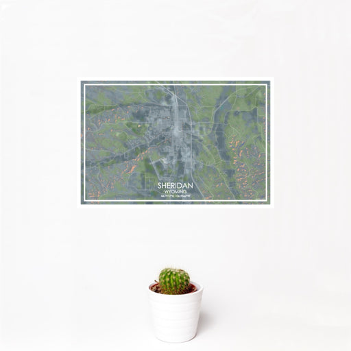 12x18 Sheridan Wyoming Map Print Landscape Orientation in Afternoon Style With Small Cactus Plant in White Planter